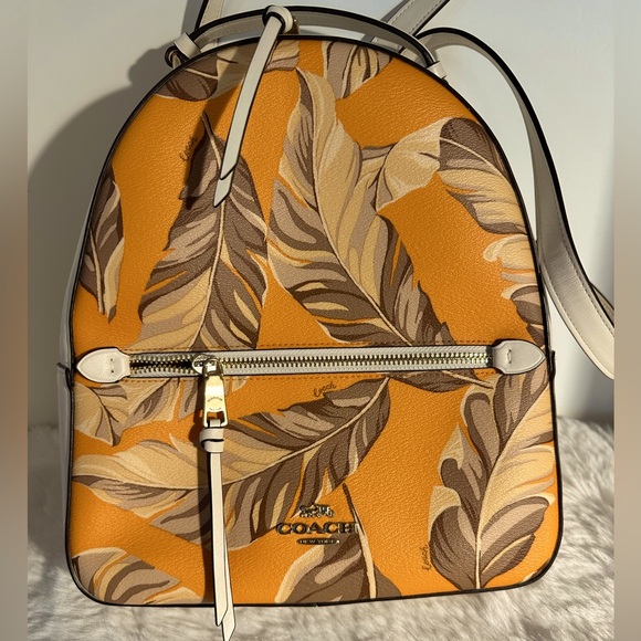 Coach “Jordyn”Vibrant Orange, Tan & cream colors banana Leaf print Backpack - Picture 1 of 15